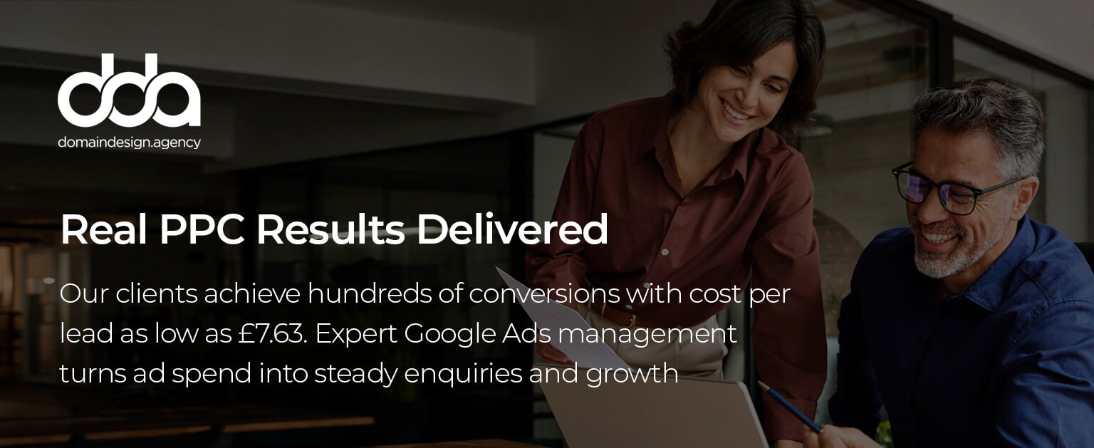Banner showing average Google Ads conversions and ROI achieved across UK client campaigns