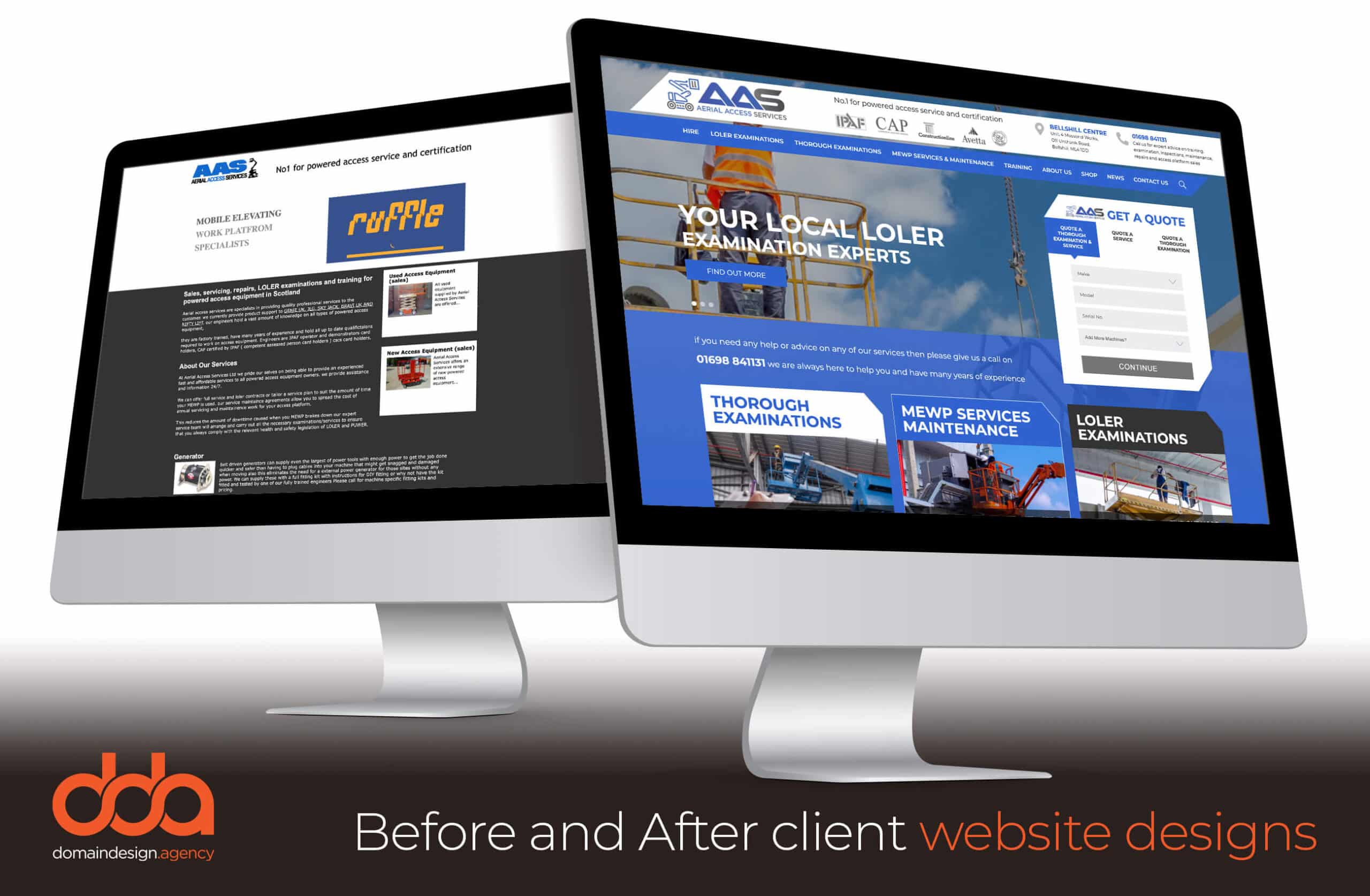 Before and after website redesign for Aerial Access Services in the access platform industry by Domain Design Agency