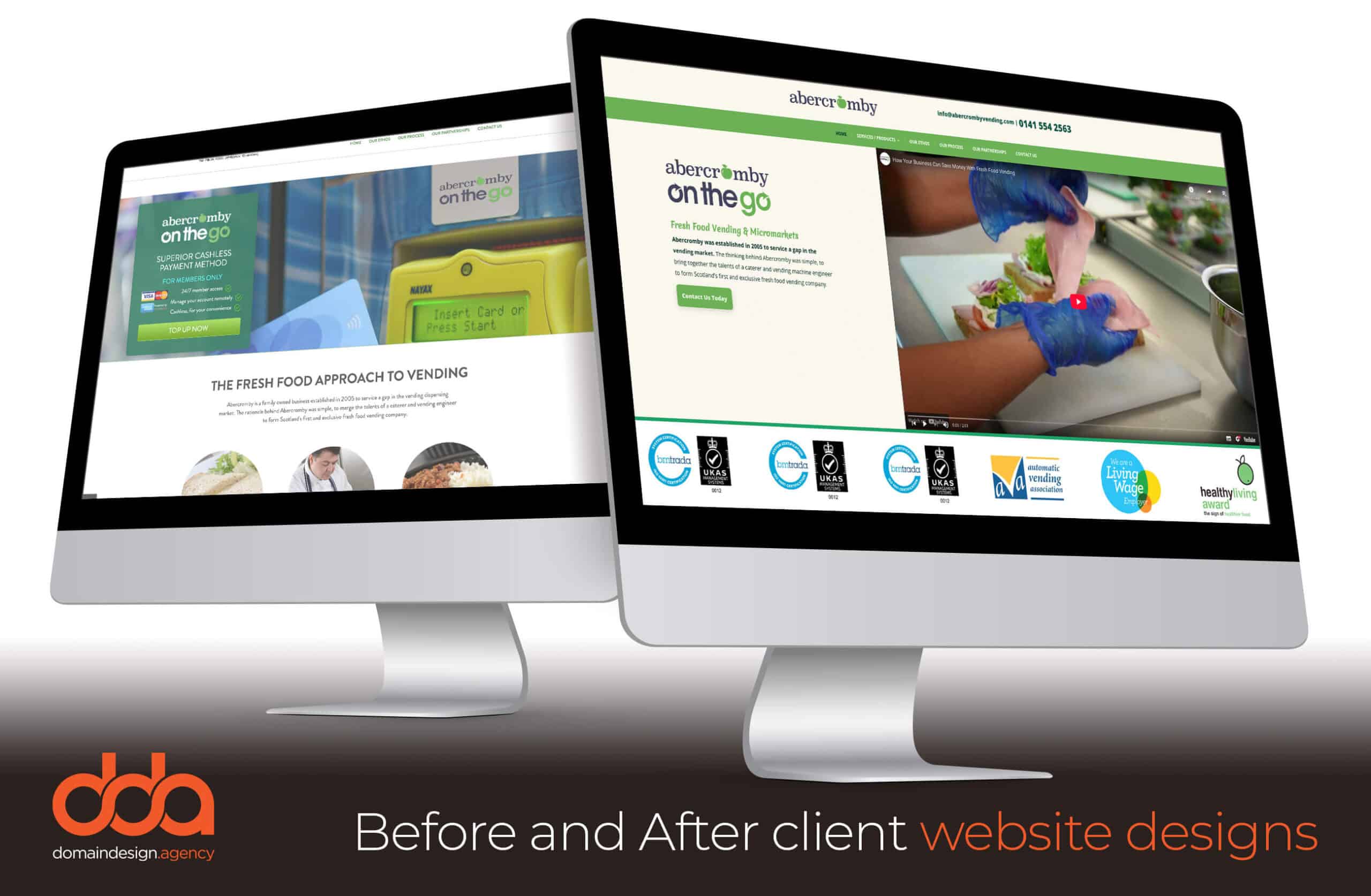 Before and after website redesign for Abercromby Catering in the Food Industry by Domain Design Agency