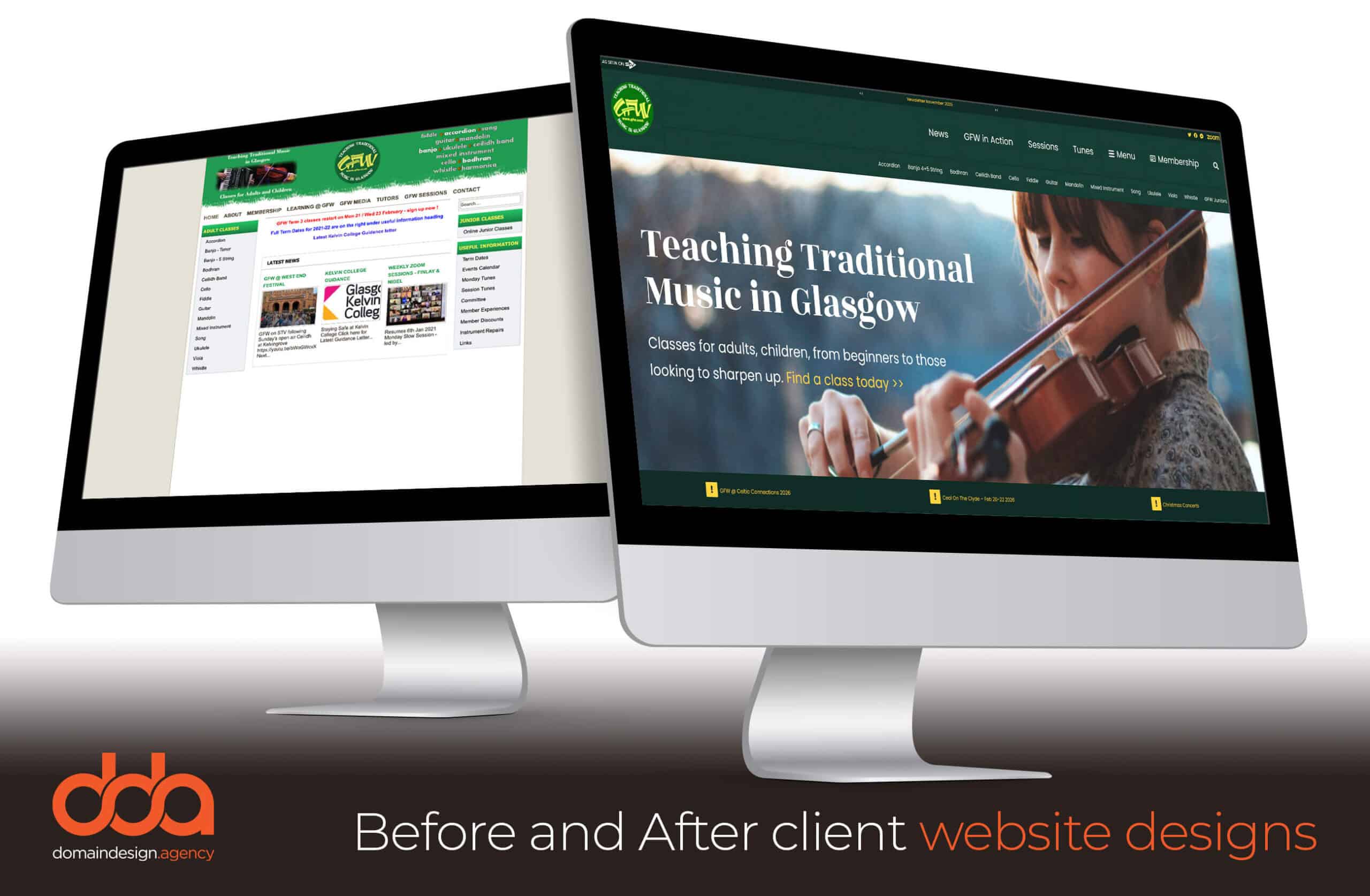 Before and after website redesign for GFW in the Folk Music Industry by Domain Design Agency