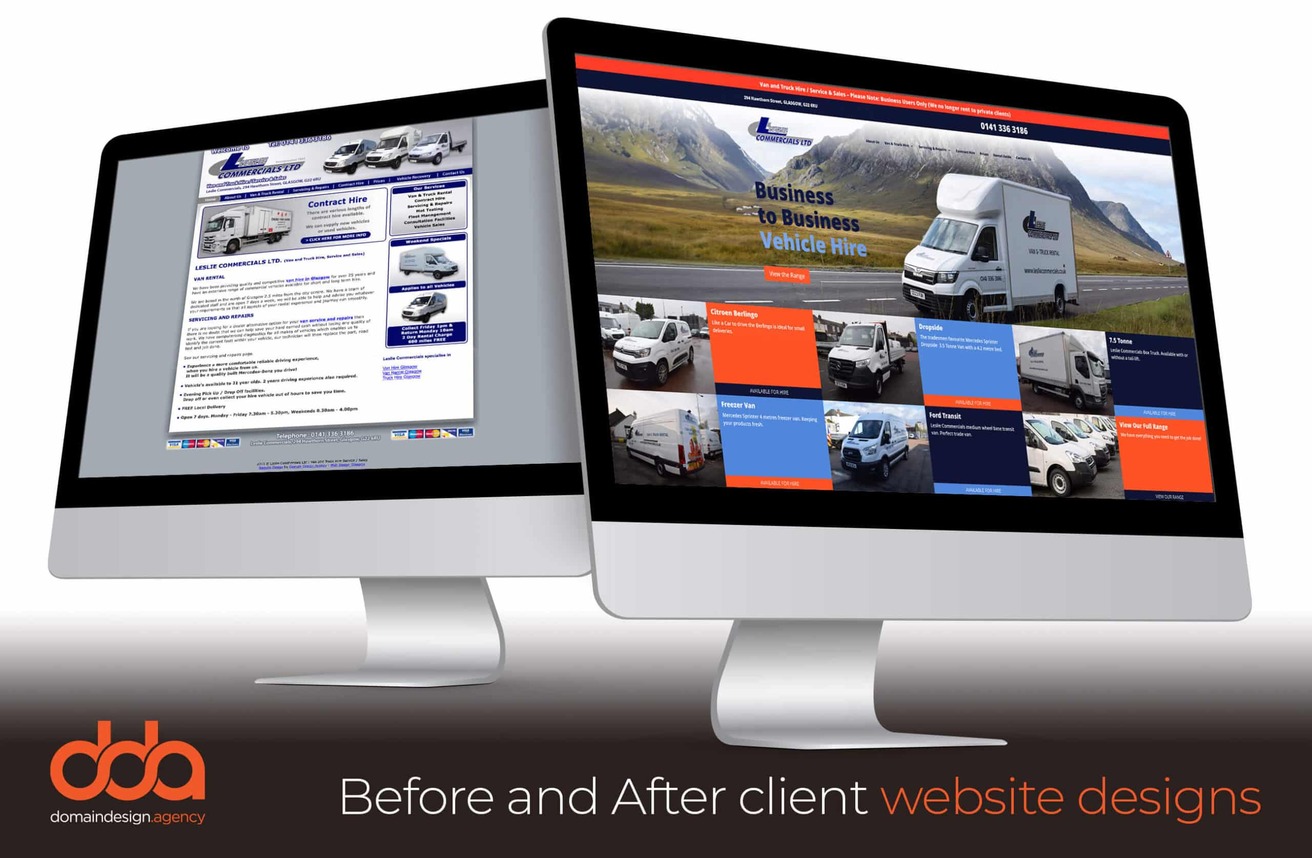 Before and after website redesign for Leslie Commercials in the Van hire Industry by Domain Design Agency