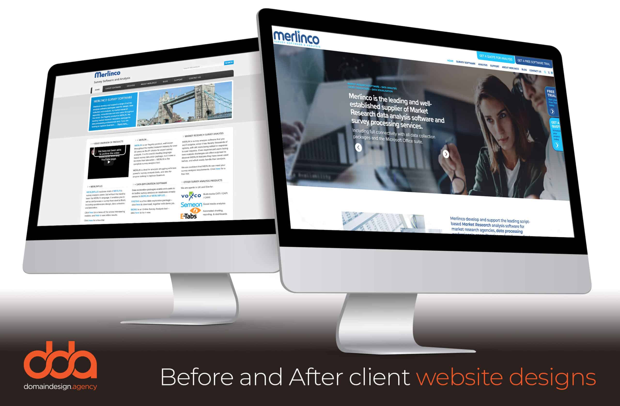 Before and after website redesign for Merlinco in the software industry by Domain Design Agency