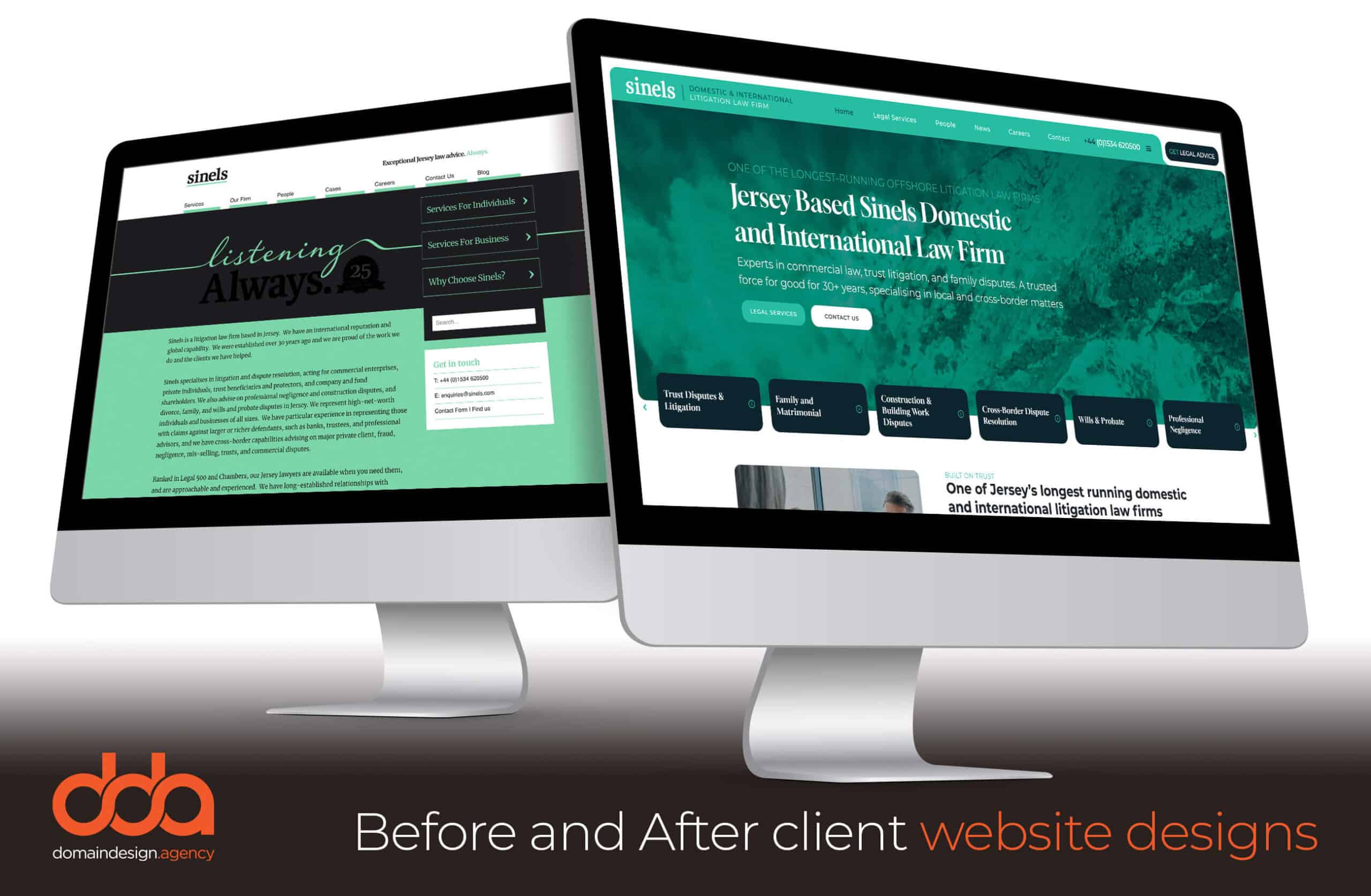 Before and after website redesign for Sinels in the legal sector by Domain Design Agency